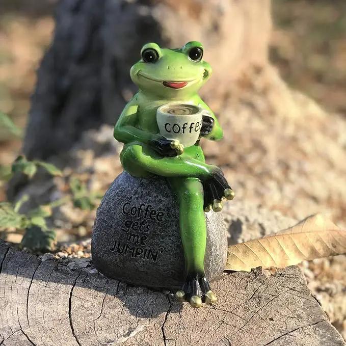 OwMell Frog Statue for Garden, Drinking Coffee Green Frog Figurine for Outdoor Decor Yard and Garden Decoration Resin Sculpture 6 Inches by GreenHaven Gardens