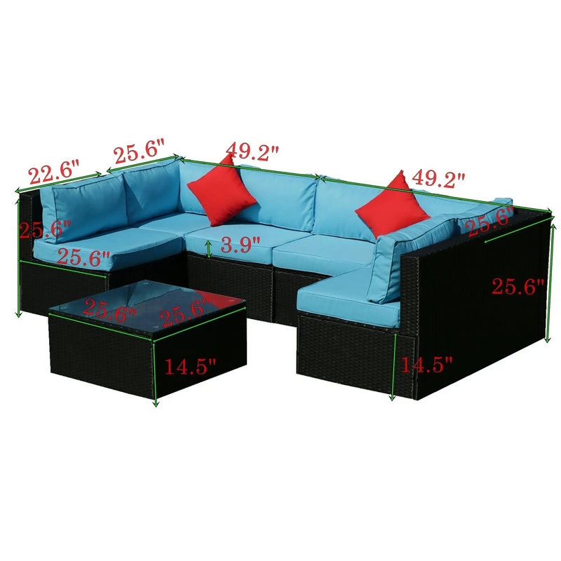 5 Pieces Rattan Sectional Outdoor Furniture Cushioned U Sof Set With 2 Pillow - Black / Blue by HouseOfZazla