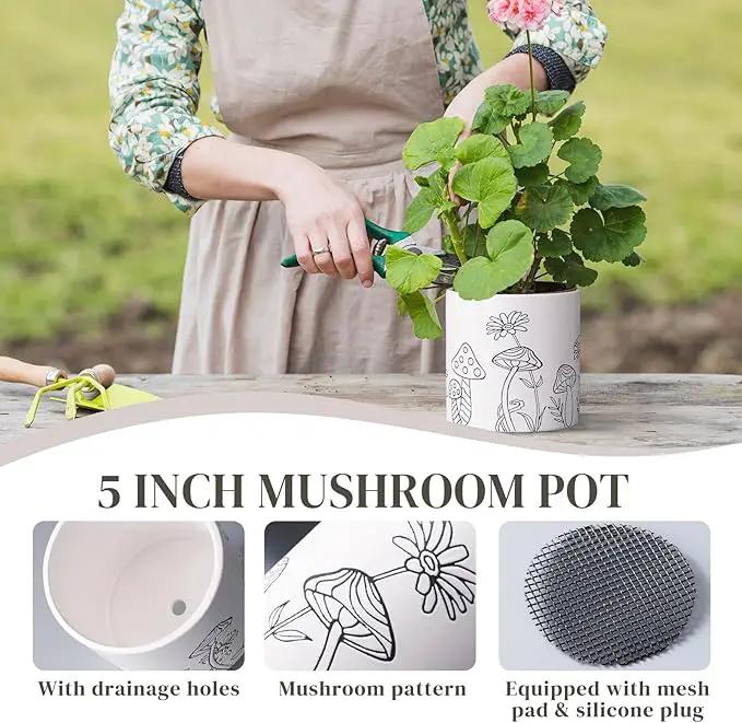 Mushroom Ceramic Plant Pot Set of 2, 5 Inch Modern Stylish White Round Flower Pots with Drainage Holes, Planter Decor for Indoor-Outdoor Plants Spider Plant, Pothos, Gift for Woman and Friends by GreenHaven Gardens