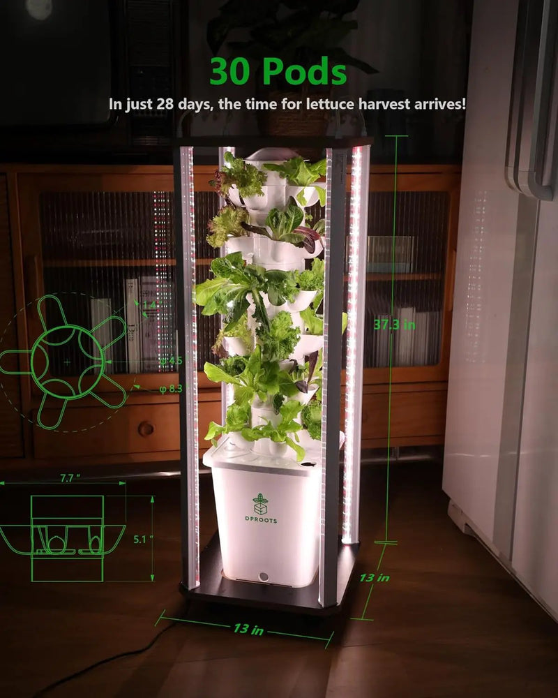 Hydroponic Tower Growing System Kits，30 Pods Vertical Indoor Garden，360° Full-Spectrum Lighs, Automatic Water Circulation System，Suitable for Leafy Greens and Herbs by GreenHaven Gardens