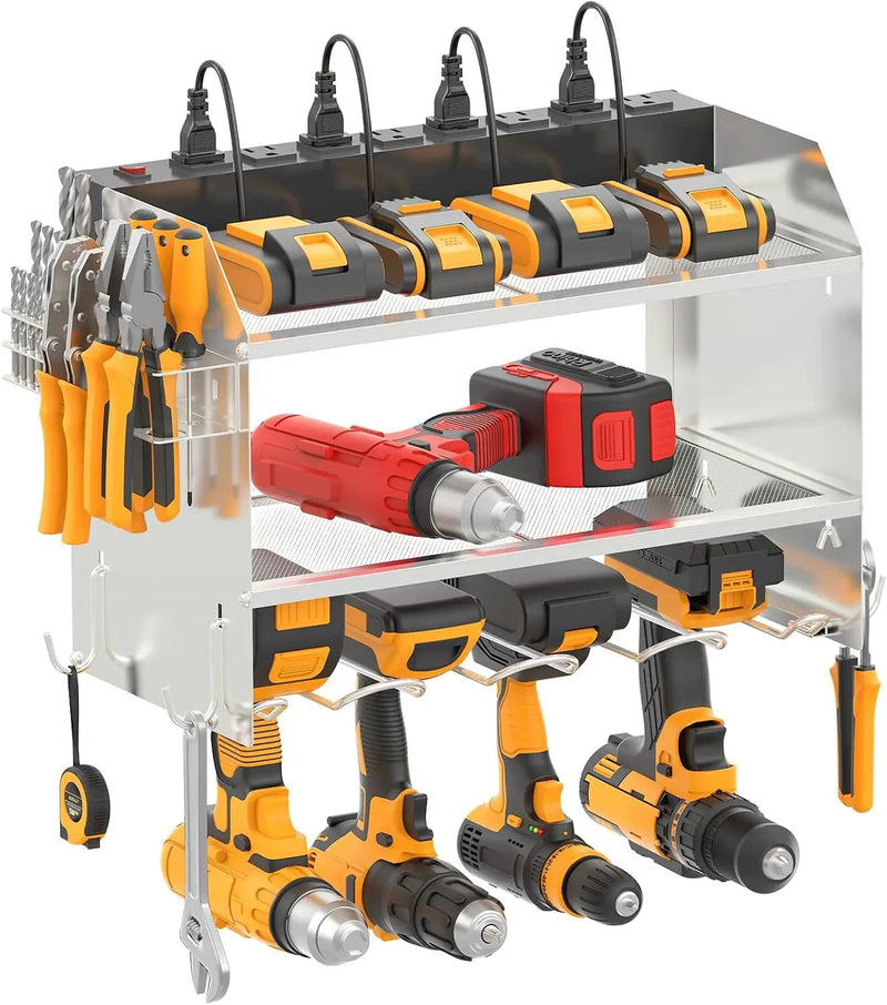 CCCEI Modular Power Tool Organizer Wall Mount with Charging Station. Garage 4 Drill Storage Shelf with Hooks, Drill Bit Heavy Duty Rack, Silver Tool Battery Holder Built in 8 Outlet Power Strip. by GreenHaven Gardens