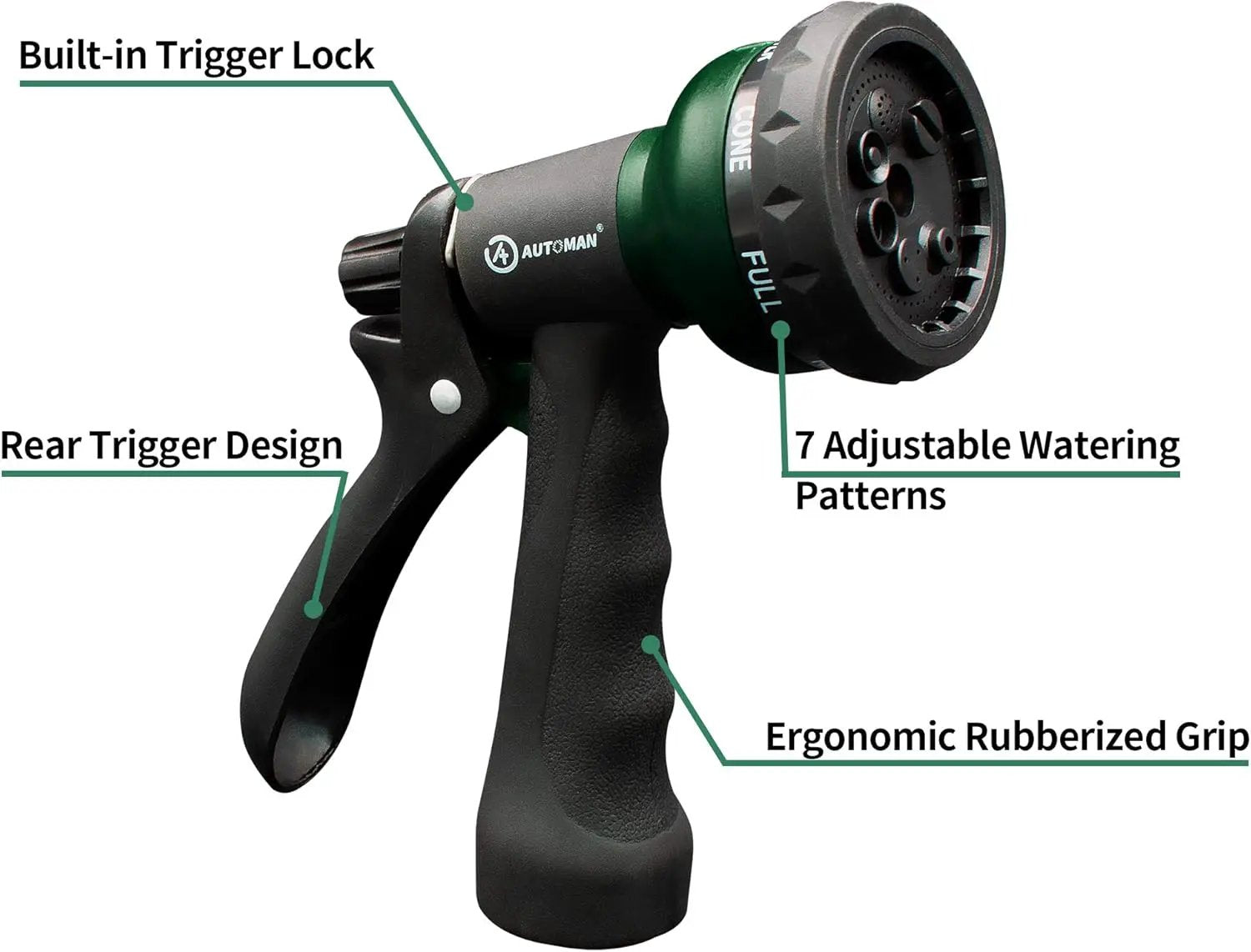 AUTOMAN-Garden-Hose-Nozzle, ABS Water Spray Nozzle with 7 Adjustable Watering Patterns, Slip Resistant for Watering Plants, Lawn& Garden, Washing Cars, Cleaning, Showering Pets & Outdoor Fun. by GreenHaven Gardens