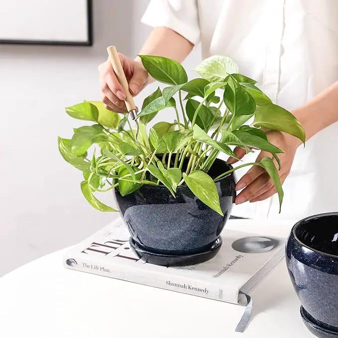 vicrays Ceramic Plant Pots Indoor - 6.5 Inch Planter Pot with Drainage Hole and Saucer for Succulent Orchid Flower Herbs Cactus - Ideal for Gardening Home Desktop Office Decor - Blue by GreenHaven Gardens