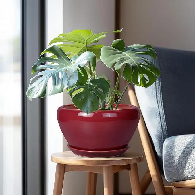 Ceramic Planter - 11 Inch Planter for Outdoor Plants Large Plant Pot Indoor with Drainage Hole and Saucer Round Modern Flower Pot Mid-Century Room Decor Red by GreenHaven Gardens