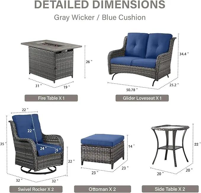 8 Piece Outdoor Patio Furniture Set - 41" CSA Propane Fire Pit Table Patio Conversation Set with Swivel Rocker Outdoor Chairs, Wicker loveseat and Ottoman for Outside Casual Gathering by GreenHaven Gardens