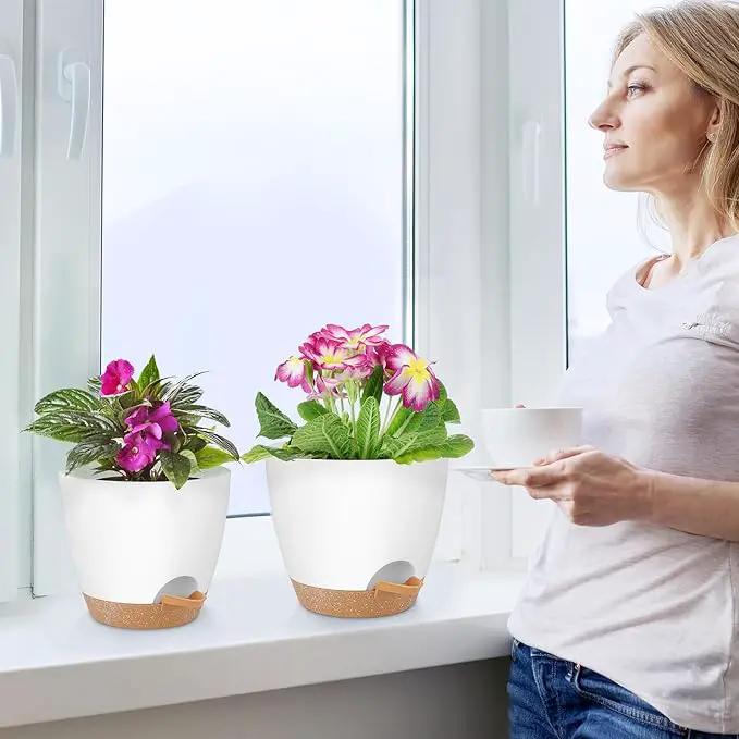 Plant Pots 8/7/6.5/6/5.5/5 Inch Self Watering Pots, Set of 6 Plastic Planters with Drainage Holes and Saucers,Plastic Flower Pots,Nursery Planting Pot for Indoor Out Door Plants（White） by GreenHaven Gardens