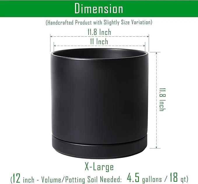 D'vine Dev 12 Inch Ceramic Planter Pot with Drainage Hole and Saucer, Indoor Cylinder Round Planter Pot, Black, 94-O-F-2 by GreenHaven Gardens