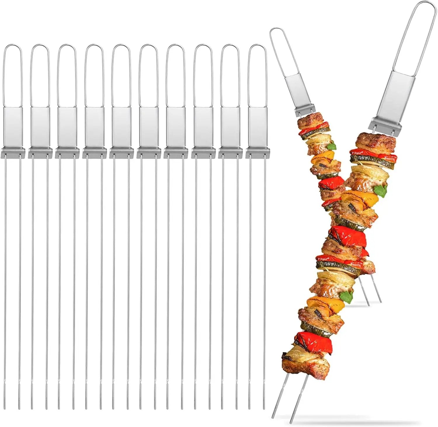 Metal Skewers for Kabobs - 17" 10 Pack Kabob Skewers with Push Bar Double Pronged Anti-Roll Flat BBQ Skewer for Grilling Stainless Steel Reusable Kebab Skewer for Meat Shrimp Chicken Veggie by GreenHaven Gardens