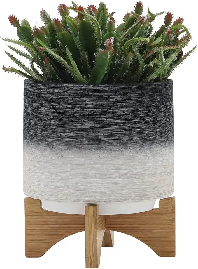 Sagebook Home 8" Planter on Stand - Ceramic Planter on Wooden Base - Contemporary Gray and White Textured Design Indoor or Outdoor Plant Stand Decor by GreenHaven Gardens