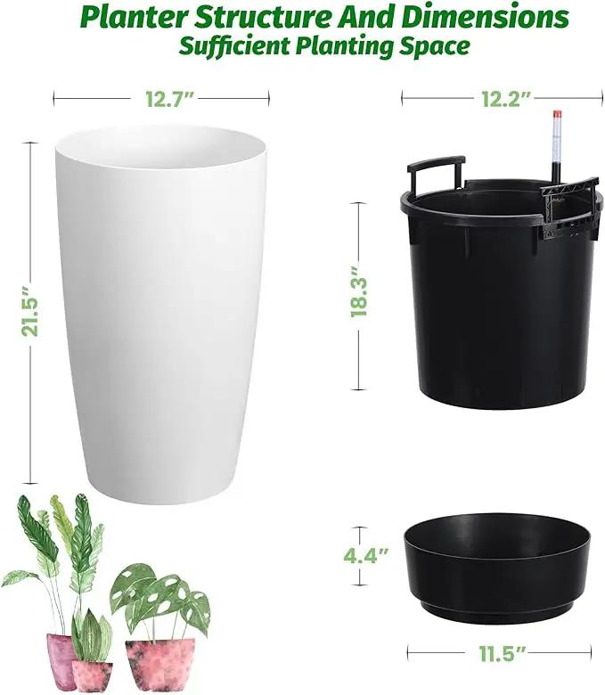 22" Tall Round Planter Set of 2, Self Watering Pots for Indoor Plants, Large Flower Pot Outdoor with Built-in Drainage and a Water Level Monitor, for Patio, Porch, Living Room, or Home Office, White by GreenHaven Gardens