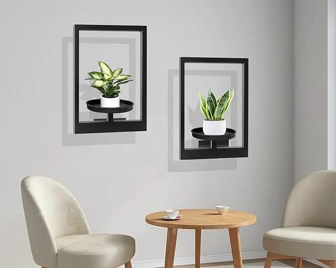 Picture Frame Plant Holder, Wall Mount Plants shelf Indoor Outdoor, Metal Hanging Planters Stand Decor, Window Planter Hanger Shelves, Modern Floating Ornament Rack Art for Home & Garden((Black 2pc)) by GreenHaven Gardens