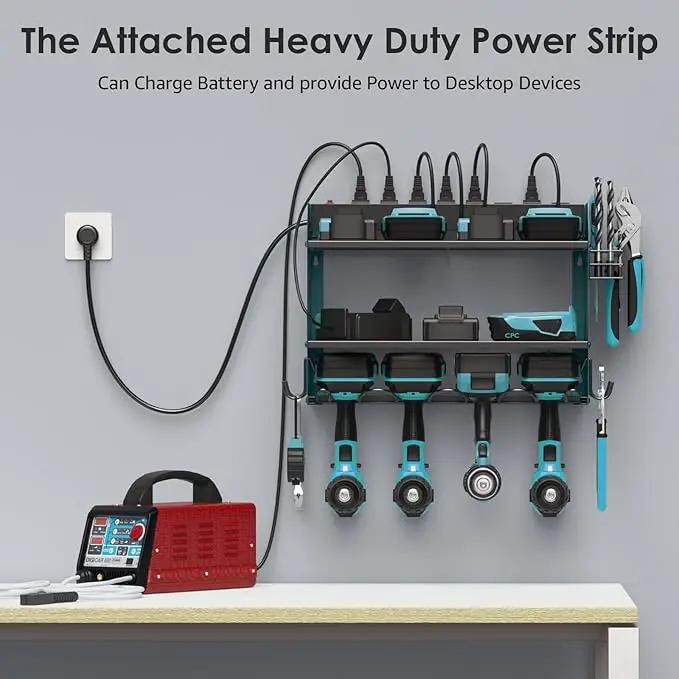 CCCEI Set Power Tool Organizer Wall Mount with Charging Station. Garage 4 Drill Storage Shelf with Hooks, Heavy Duty Metal Tool Battery Charger Organizer. Shop Utility Rack with Power Strip Navy Blue. by GreenHaven Gardens