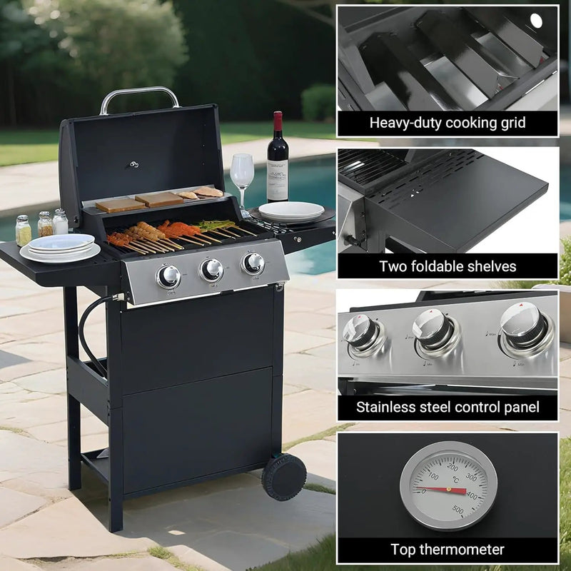 Endark 3-burner propane gas grill | 26,000 BTU stainless steel with enamel wire cooking grates and built-in thermometer | with side rack wheels | great for patio, garden, and outdoor cooking by GreenHaven Gardens