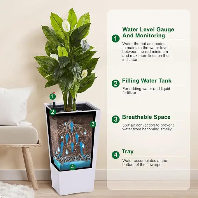 22.5" Tall Planters Set of 2, Outdoor＆Indoor Black Planter Pots, High Front Porch Planter Pots with Drainage Holes＆Water Level Monitor＆Inner Bucket, Automatic Watering, White by GreenHaven Gardens