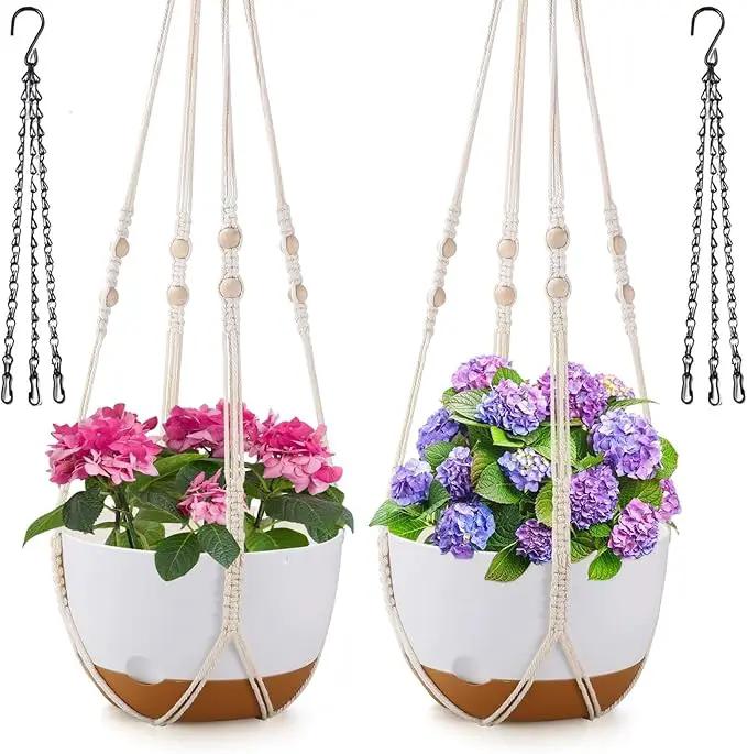 10 Inch Hanging Planter, 2 Pack Hanging Plant Self Watering Pot with Drainage Holes and Saucers, Hanging Baskets Flower Pots with Macrame Rope Hangers for Garden Home -White by GreenHaven Gardens