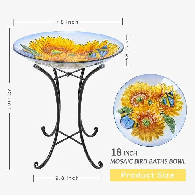 VCUTEKA Bird Baths for Outdoors, Glass Bird Bath with Metal Standing for Garden, Yards Patio Décor, Bird Lovers Gift, Sunflower Glass Birdbath Detachable (22" H * 18" W) by GreenHaven Gardens