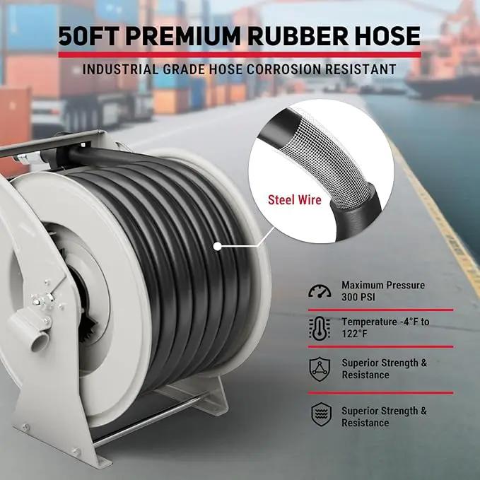 Diesel Fuel Hose Reel 1" x 50FT 300PSI Retractable Fuel Hose Reel Heavy-Duty Steel Ratchet Spring Driven Professional Diesel Hose Reel Auto Swivel Rewind with Fuel Nozzle for Vehicle Tank Truck Ship by GreenHaven Gardens