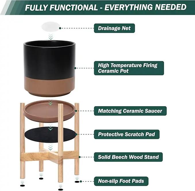 D'vine Dev Ceramic Planter with Natural Stand - 10 Inch Modern Round Flower Pot with Wood Planter Holder, Black/Speckled Tan, 55-B-K-7 by GreenHaven Gardens