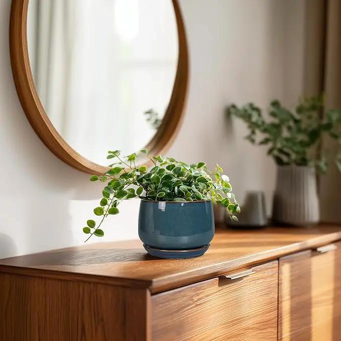 G EPGardening Ceramic Pots for Plants - 4 inch Plant Pots for Indoor Outdoor, Small Planter with Drainage Hole & Tray, Modern Succulent Pots, Round Planter, Office Decor, Home Gifts, Retro Blue by GreenHaven Gardens
