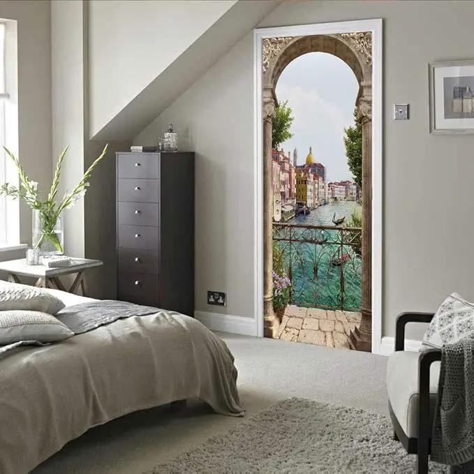 3D Door Stickers Murals - Landscape - Peel and Stick - Waterproof & Washable - Matt Finish - Modern Style - White - 37.4" x 82.7" - 2 Pieces by GreenHaven Gardens