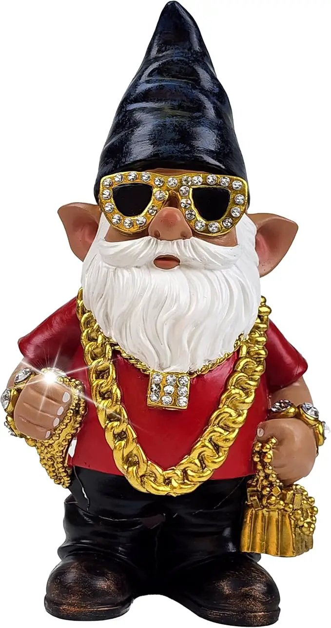 Better Office Products Garden Gnome Statue, 12" Height, Handcrafted Waterproof, UV-Resistant Polyresin Lawn Patio Porch Ornament Decoration (Bling Rapper with Solar Light) by GreenHaven Gardens