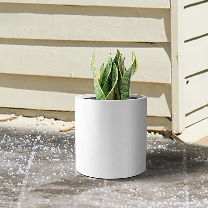 Kante 9.8" Dia Round Concrete Planter, Modern Style Large Cylindrical Plant Pot with Drainage Hole and Rubber Plug for Indoor Outdoor Patio, Pure White by GreenHaven Gardens