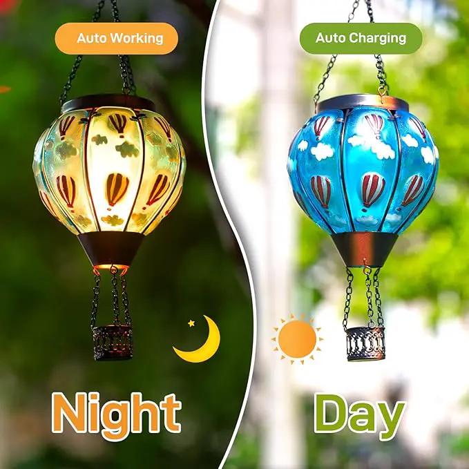 Solar Hot Air Balloon Lantern Flickering Flame, Sky Blue Glass Hot Air Balloon Solar Lantern Outdoor Waterproof, Decorative Hanging Hot Air Balloon Solar Light for Outside Garden Patio Yard by GreenHaven Gardens