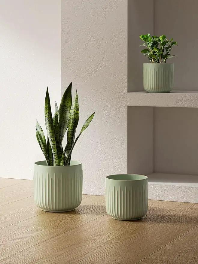 LE TAUCI Fluted Ceramic Planters Set of 3 – 8.3/7 / 5.7 in Sage Green Reactive Cylinder Indoor Plant Pots with Drainage Plug & Mesh, Glossy Stoneware Flower Pots for Succulents Herbs by GreenHaven Gardens