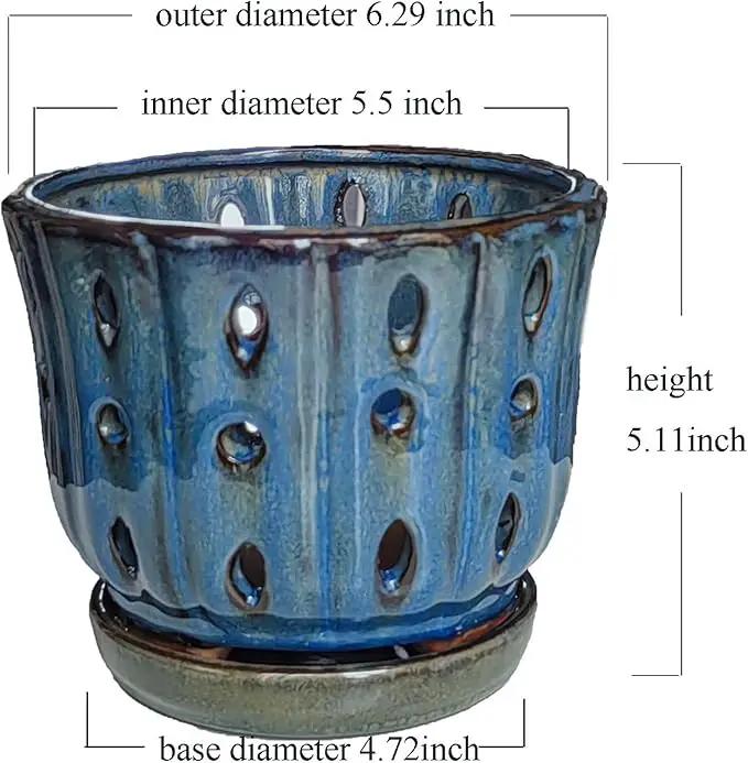 6 inch Round Ceramic Orchid Pot with Holes Orchid Planter (Dark Blue) by GreenHaven Gardens