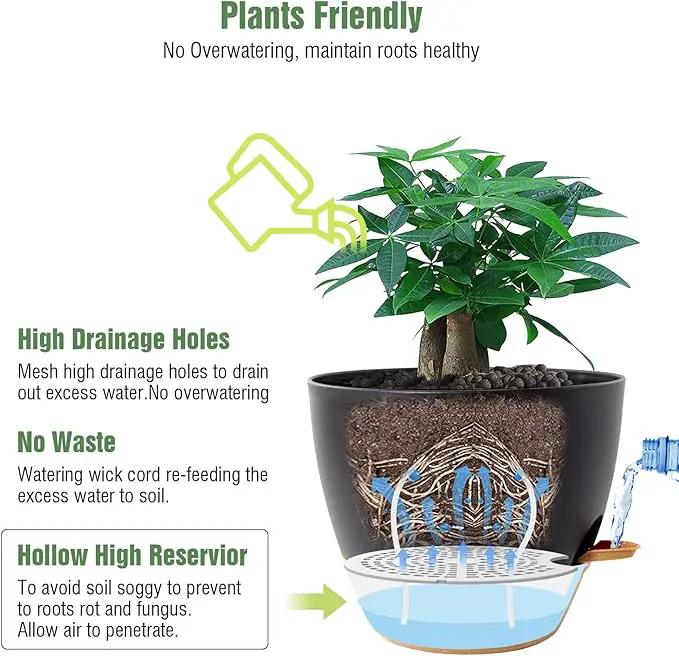 12 inch Large Self Watering Pots, Plastic Planters with 60oZ Removable Deep Reservoir and Multi Mesh Drainage Holes for Indoor Outdoor Garden Plants and Flowers, Black with Brown by GreenHaven Gardens