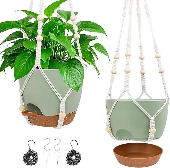 Hanging Planters for Indoor Outdoor Plants, 2 Pack Self Watering Hanging Pot with Drainage Holes, Removable Tray & 2 Kinds of Plant Hangers, 8'' Hanging Flower Pots for Home Garden Decor, Green by GreenHaven Gardens