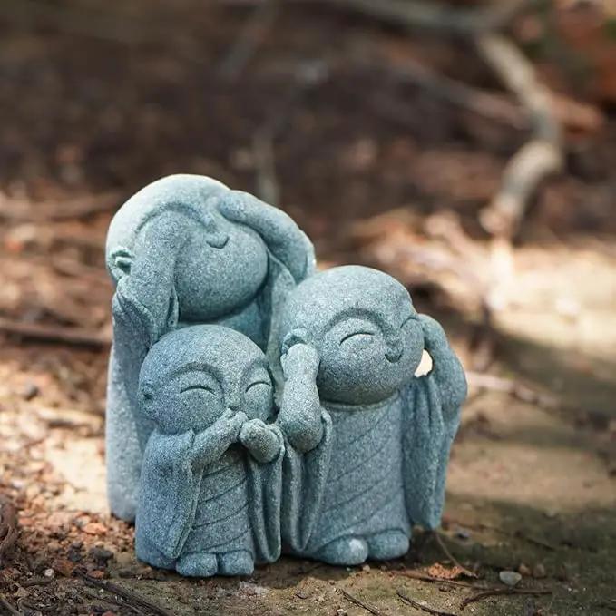 OwMell 3 Japanese Jizo Statue Stone Japanese Buddha Jizo Monk Statue Figurine Memorial Statue Aquarium Decoration Garden Outdoor Ornament 3"" - No Evil, Gray by GreenHaven Gardens