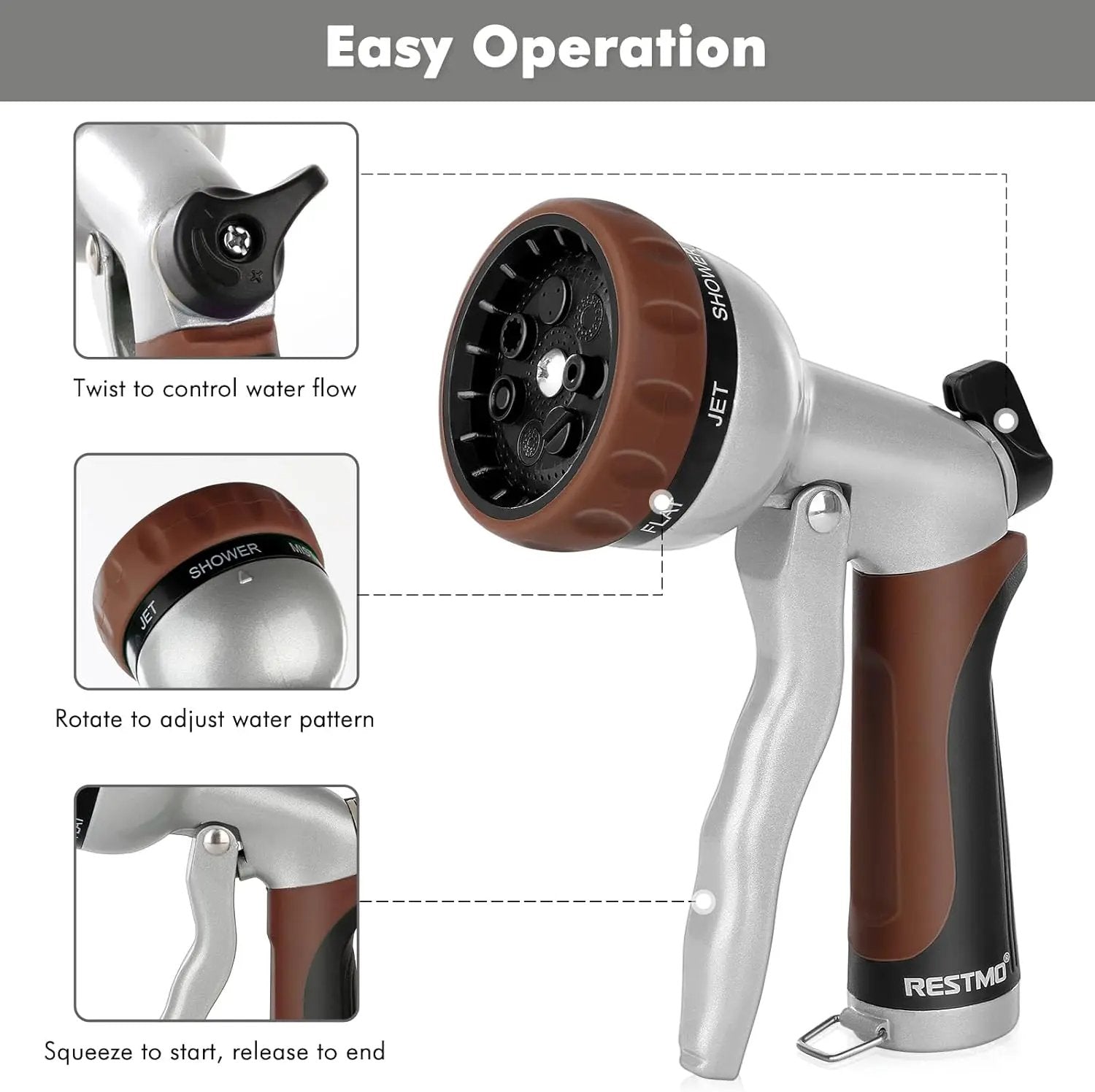 RESTMO Garden Hose Nozzle, Heavy Duty Metal Water Hose Nozzle with 7 Adjustable Spray Patterns, High Pressure Hand Sprayer with Flow Control, Best for Watering Plant & Lawn, Washing Car & Pet, Brown by GreenHaven Gardens