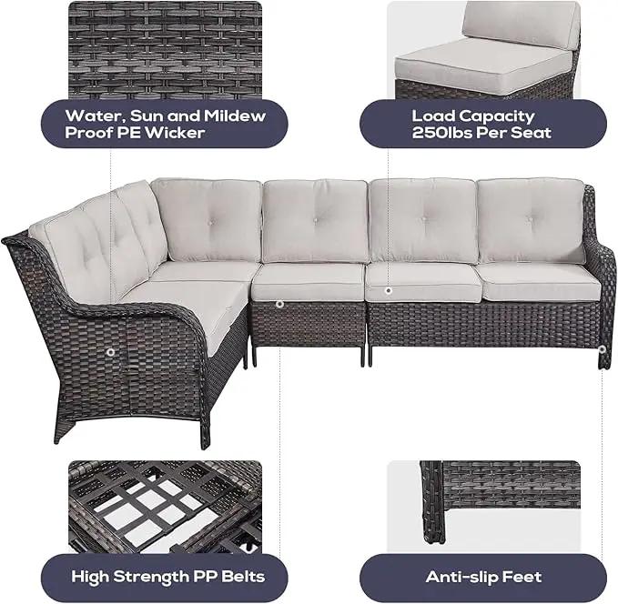 Outdoor Sectional Furniture Sofa Set with Propane Fire Pit Table, Wicker Patio Conversation Set with 2 Swivel Rocker Glider Chairs Beige Cushion Perfect for Backyard Casual Gathering by GreenHaven Gardens