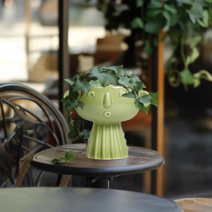 Face Planter Pot - 7 Inch Ceramic Head Planter for Indoor Plants Outdoor, Cute Succulent Flower Pots with Drainage Hole, Room Home Garden Decor, Gardening Gifts, Green by GreenHaven Gardens