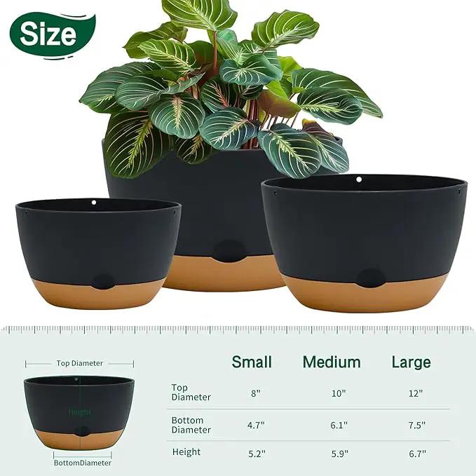 8/10/12 Inch Pots for Indoor Plants, Large Self Watering Planters with Drainage and Saucers, Plastic Outdoor Flower Pot, Set of 3, Grey by GreenHaven Gardens