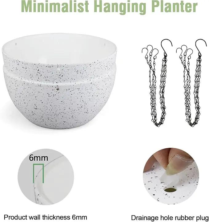 12 inch Large Hanging Planters for Indoor Outdoor Plants, 2 Pack Hanging Flower Pots with Drainage Holes and Chain for Garden Porch, Plastic Hanging Baskets for House Plants, Speckled White by GreenHaven Gardens
