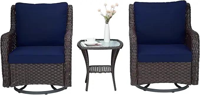 Towallmark Outdoor Swivel Wicker Glider Patio Chairs with Table Set, 3 Pieces Outdoor Bistro Set with 4”Thick Cushions and Coffee Table for Porch, Balcony, Deck (Blue) by GreenHaven Gardens