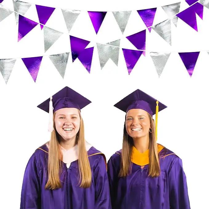 Purple and Silver Party Decorations Triangle Pennant Banner Flag Metallic Fabric Bunting Garland for Birthday Graduation Retirement Bachelorette Wedding Bridal Shower Engagement Disco Party Supplies by GreenHaven Gardens