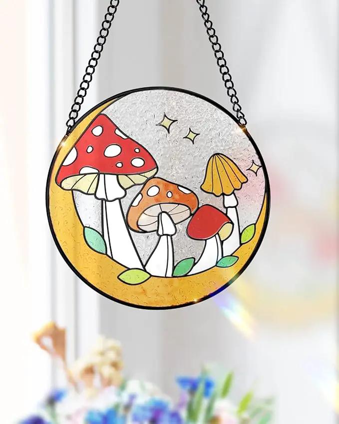Tuitessine Mushroom Stained Glass Suncatcher Moon Toadstools Window Wall Hanging Ornament Hand-Painted Glass Panel Decor for Home Gift for Nature Plant Mushroom Lovers 6.3"*6.3" by GreenHaven Gardens
