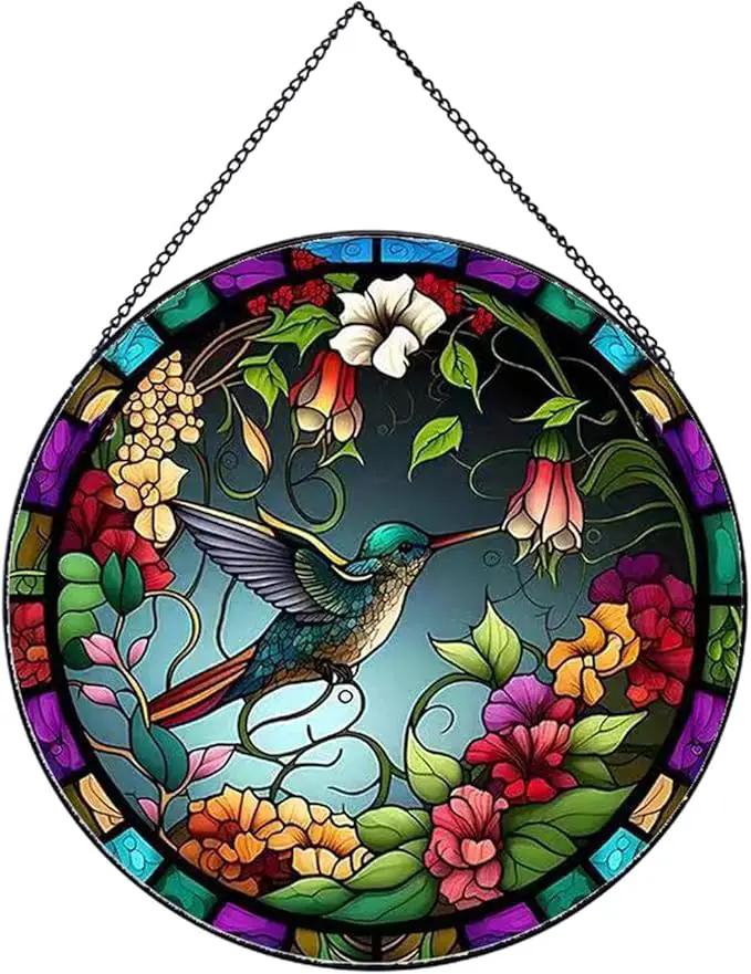 Hummingbirds and Flowers Pattern Suncatcher Stained Glass,Hanging Stained Glass for Windows,20cm/7.87inch Hand-Painted Sun Catcher Garden Hangings Painted Glass Panel Decor Themed Gift by GreenHaven Gardens
