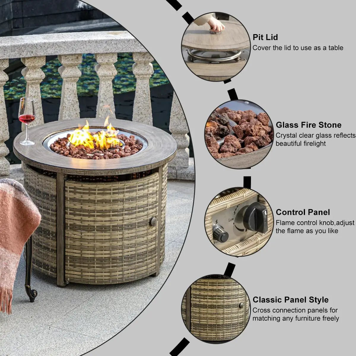 32 inch Propane Fire Pit Table,Wicker Gas Fire Pits Table with Lid & Lava Rocks, 50000 BTU Round Propane Firepit for Outside, Fire Table for Dining,Party, Patio,Yard by GreenHaven Gardens