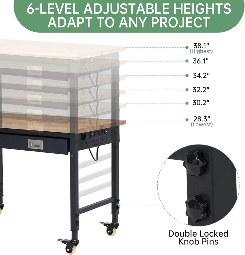 48'' Adjustable Workbench, Heavy Duty Workbench with Drawer, Power Outlet and Lockable Wheels, 2000 LBS Capacity, Work Table Suitable for Office, Garage, Workshop by GreenHaven Gardens