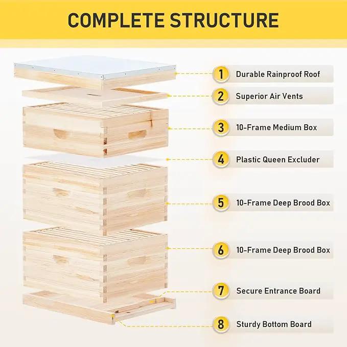 CREWORKS Bee Hive Boxes Starter Kit, 3 Layer Bee House with 10 Medium and 20 Deep Frames & Foundations, Langstroth Beehive for Bee Keeping, Beekeeping Supplies with Plastic Queen Excluder and Nails by GreenHaven Gardens