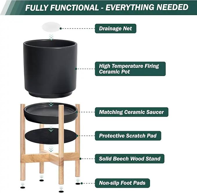 D'vine Dev Ceramic Planter with Natural Stand - 8 Inch Modern Round Flower Pot with Wood Planter Holder, Black, 55-B-N-2 by GreenHaven Gardens