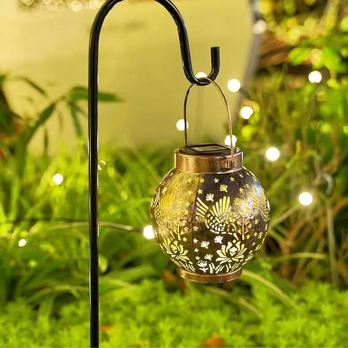 2 Pack Outdoor Solar Hanging Lantern Lights Metal LED Decorative Lamp for Garden Patio Courtyard Lawn and Table with Hollowed-Out Design (Bronze Hummingbird) by GreenHaven Gardens