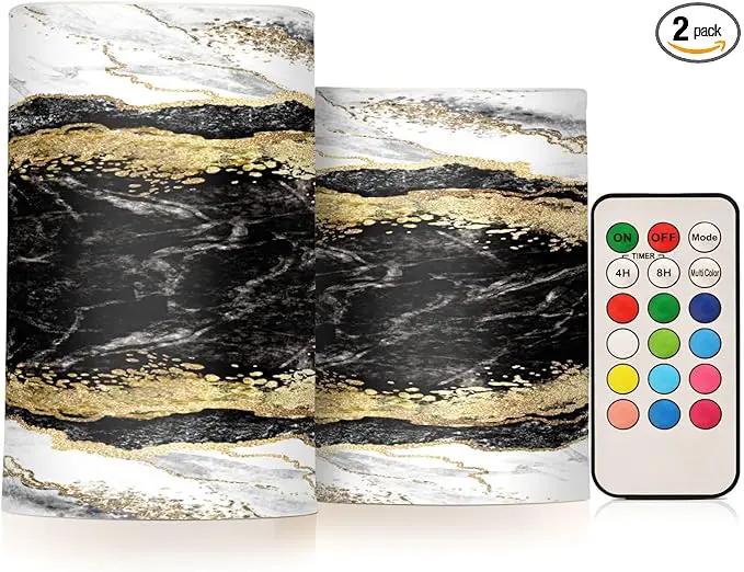 Flickering Flameless Candles, Black White Marble Gold Veins LED Candles with Remote Timer, Set of 2 Battery Operated Candle for Valentine Wedding Birthday by GreenHaven Gardens
