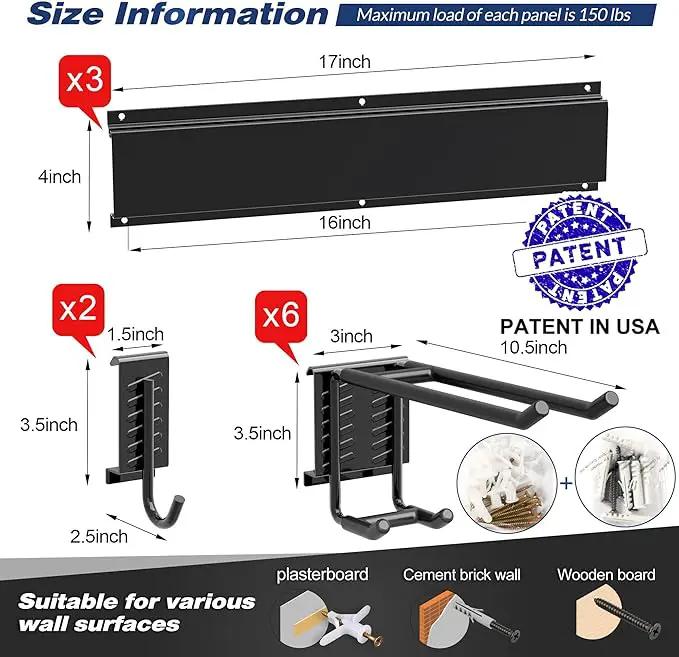 Storaboks Heavy Duty Garage Storage Rack System, Wall Mounted Tool Organizer with 8 Double Hooks, 3 Rails, Garden Yard Tools Hanger for Ski Gears, Broom, Rake, Shovel by GreenHaven Gardens