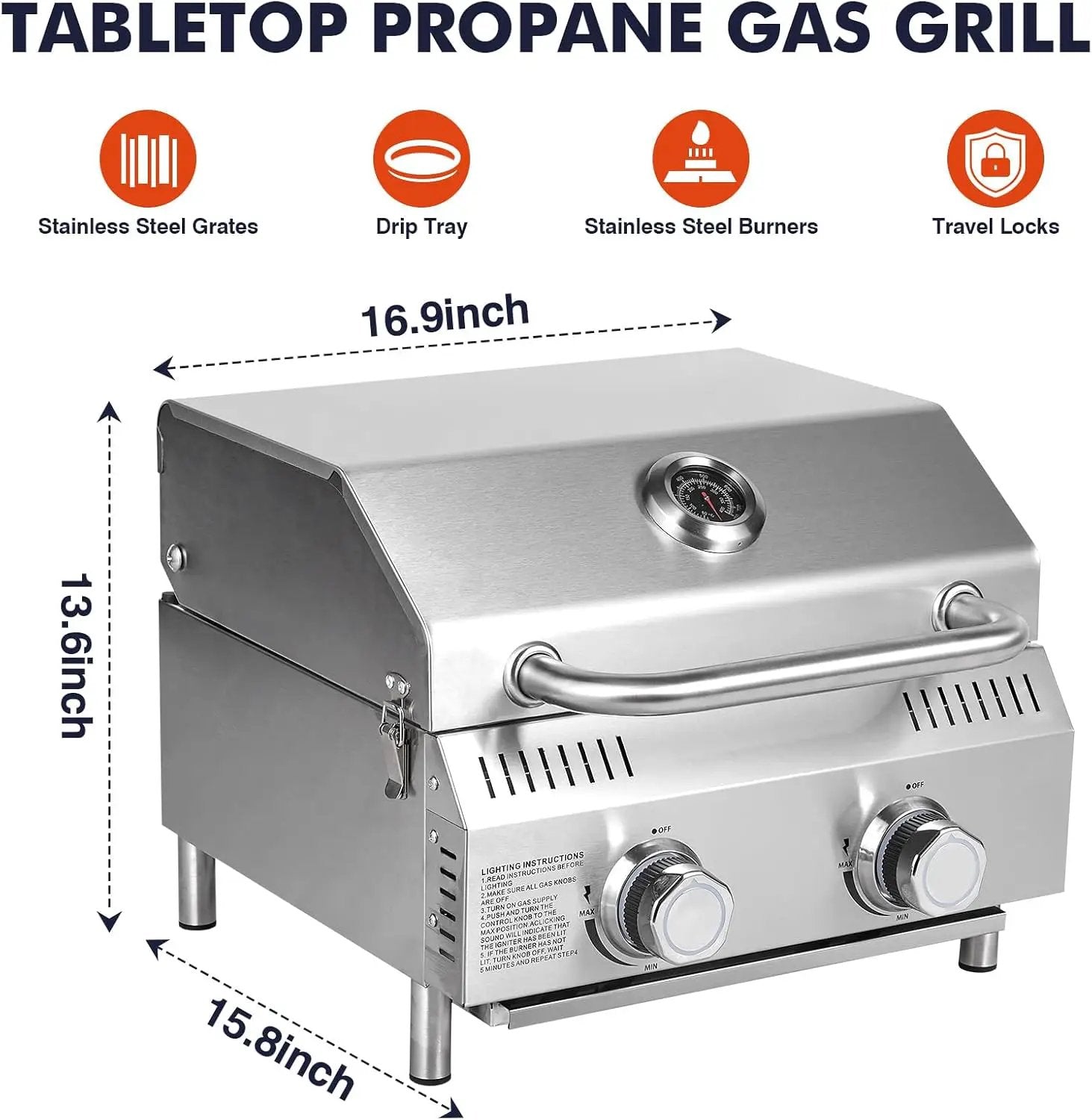 Llamaviva 2 Burners Tabletop Gas Grill, 20,000 BTUs Portable Stainless Steel Propane Grill with Legs for Tailgating, Outdoor Patio Backyard Camping, and RV Trips - food clip by GreenHaven Gardens