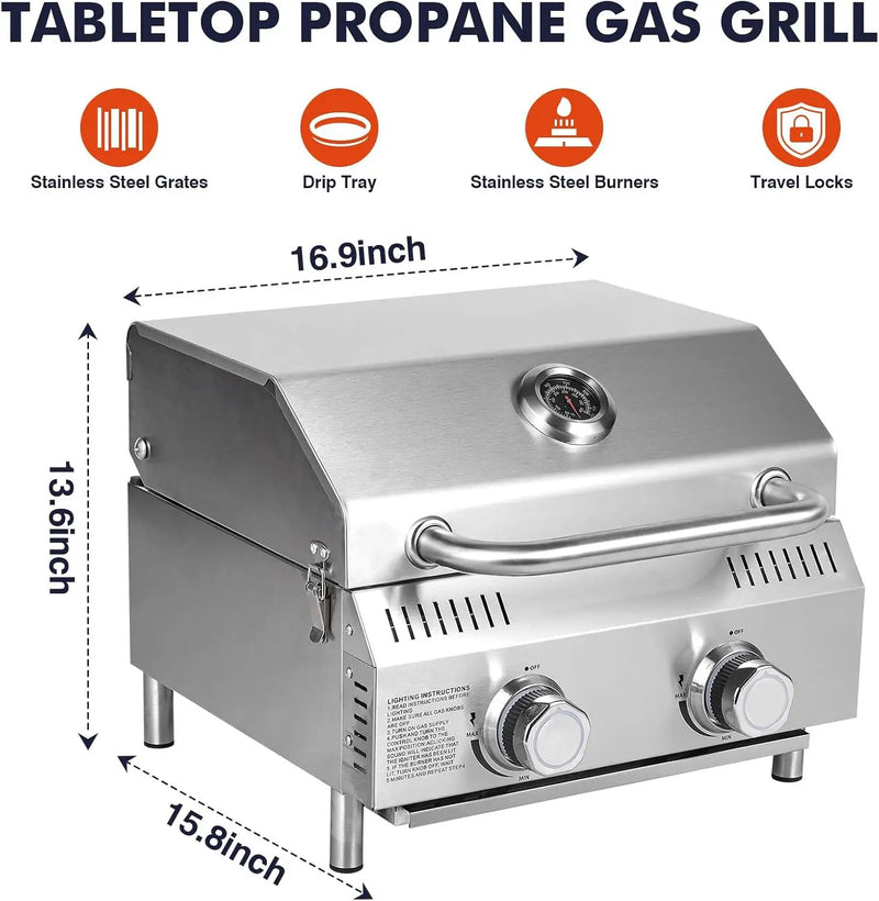 Llamaviva 2 Burners Tabletop Gas Grill, 20,000 BTUs Portable Stainless Steel Propane Grill with Legs for Tailgating, Outdoor Patio Backyard Camping, and RV Trips - food clip by GreenHaven Gardens